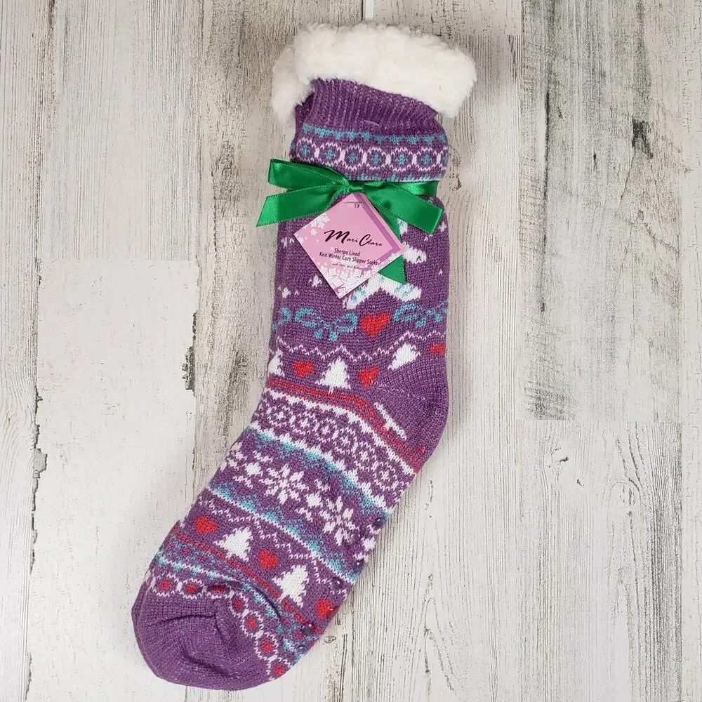 NWT Mari Clare Sherpa Lined Knit Winter Holiday Design No-Slip Slipper Socks